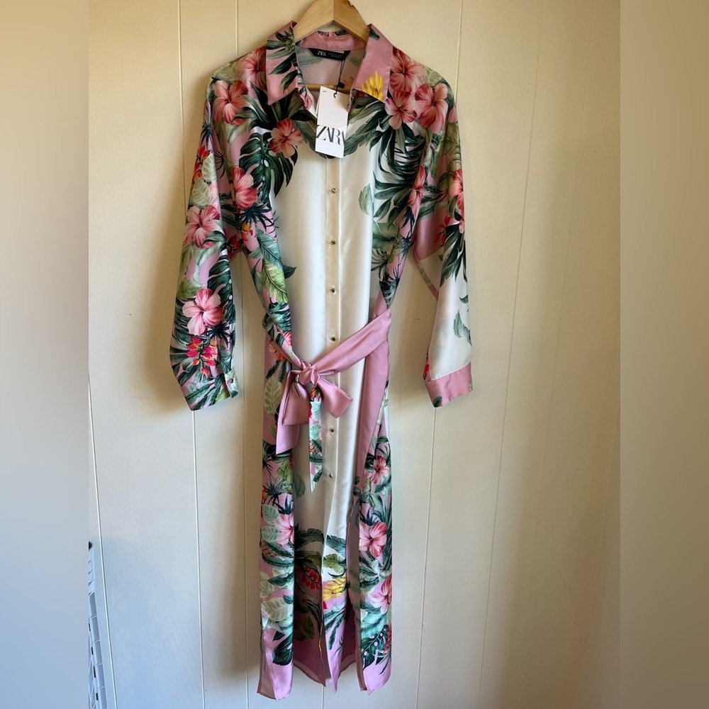 NWT Zara Pink and Green Tropical Resort wear Beach  Floral Shirt Dress Sz XL - Picture 6 of 16